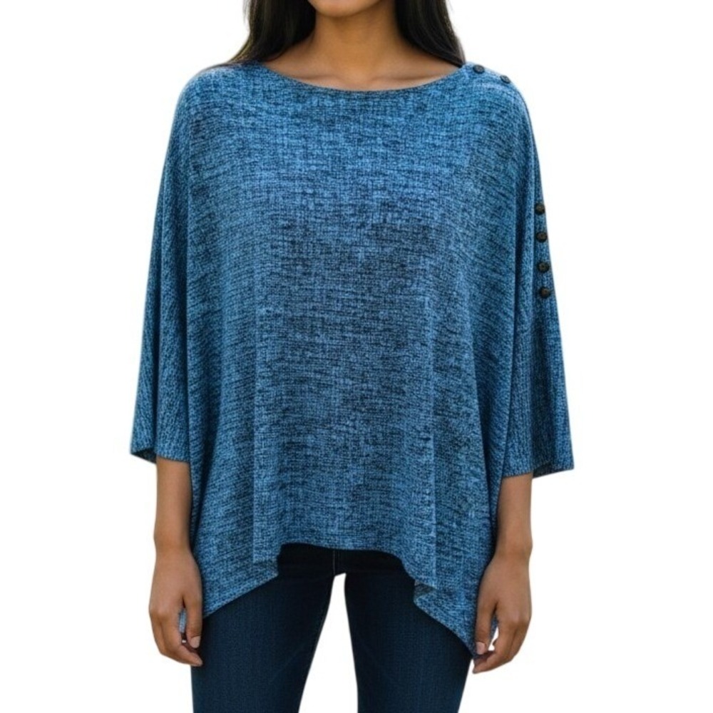 Clara Sunwoo Tunic Top Womens XS Blue Crosshatch Button Sleeve Boat Neck